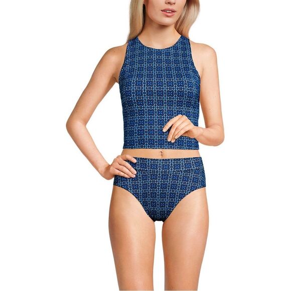 Land's End Plus Racer Back High Neck Tankini shelf bra navy mosaic, mini tile 4 - Picture 2 of 9